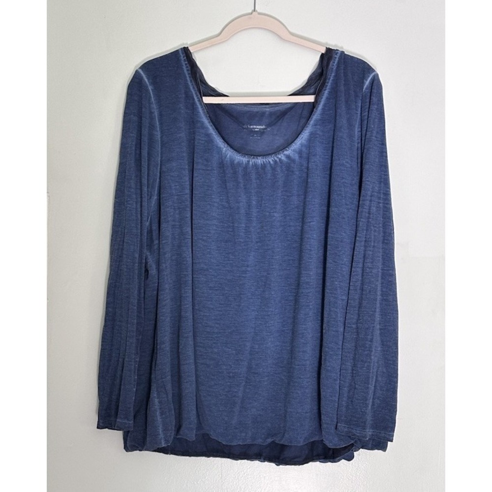 Soft Surroundings Blue Long Sleeve Mesh Lined Top Plus Sz‎ 3X Distressed Casual
